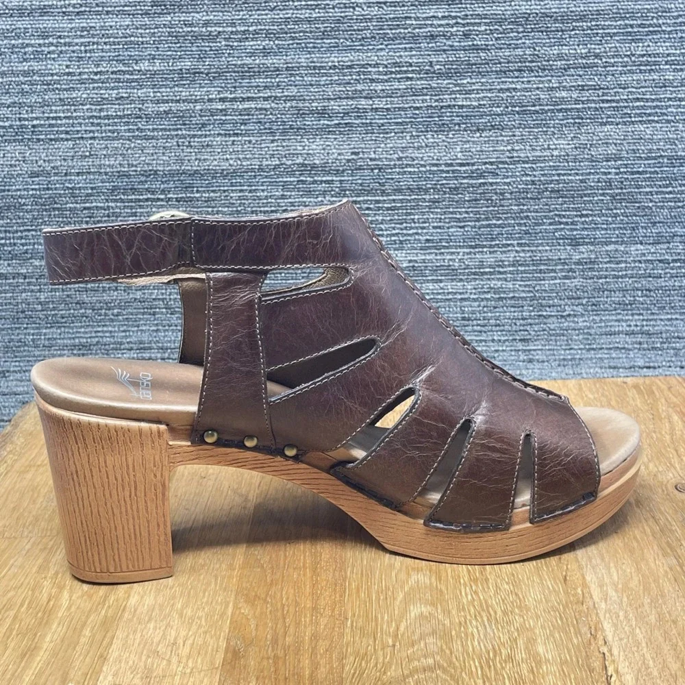 Dansko Demetra Sandals Women US 11.5 EU 42 Brown Leather Cutout Block Heel Clogs
